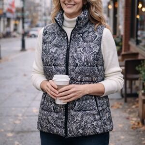 Talbots Black White Paisley Down Fill Puffer Vest Petite Small SP VN4926
